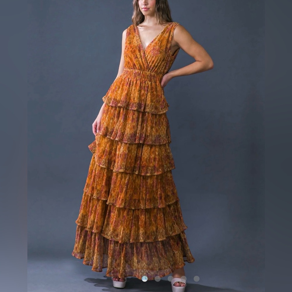 Flying Tomato Orange Gold Floral Tiered Ruffle Maxi Dress Size M Boho